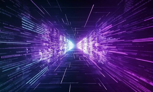 Abstract futuristic cyberspace, grunge glitch background. Animation. Concept of data center and modern technologies, moving through tons of data, glitch effect