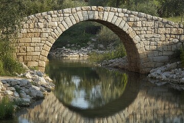 Obraz premium A stone arch bridge reflecting in a quiet river under soft light. picture