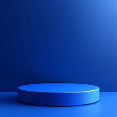 Minimal blue podium with circular backdrop and clean lighting for product display