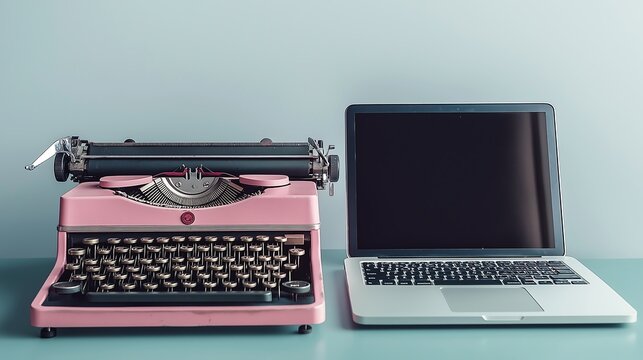 Old vs New, Old or New. A classic typewriter sits next to a modern laptop on a desk, representing the evolution of technology and communication