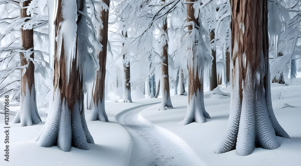 Poster a serene winter scene featuring snow-covered trees and a winding path, creating a tranquil atmospher