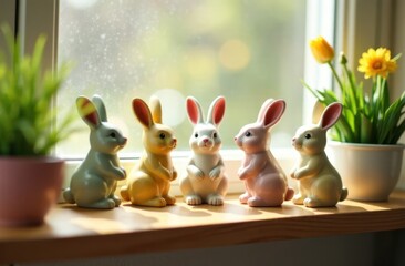 Ceramic Easter bunny, tulip flowers on windowsill. Decorations for Easter celebration at home. Soft focus.