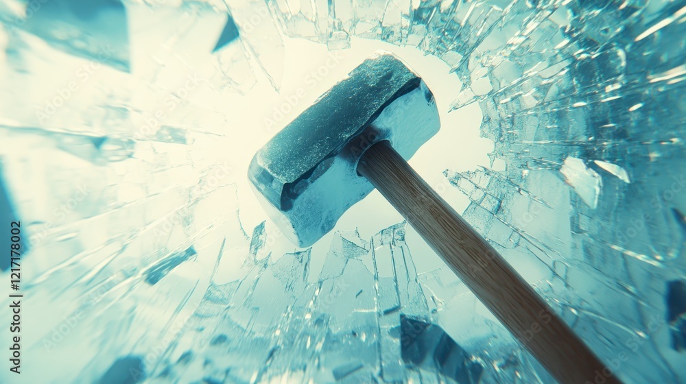 Poster powerful hammer smashing through ice. dynamic action shot