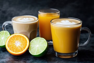 Latte art, orange juice, citrus, dark background, cafe menu (1)