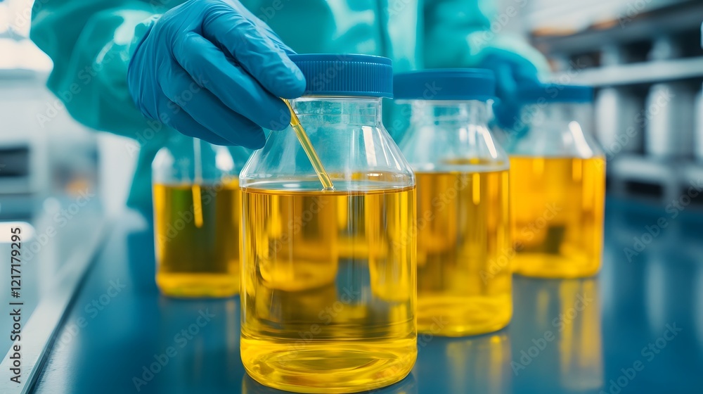 Poster workers inspecting oil samples in factory lab for control and analysis