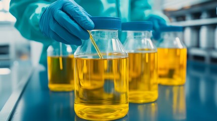 Workers Inspecting Oil Samples in Factory Lab for Control and Analysis