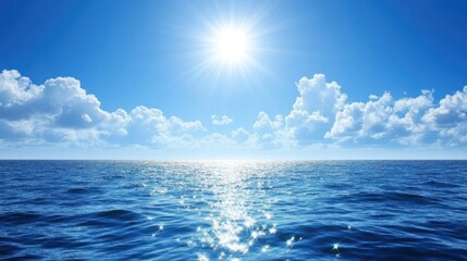 Fototapeta premium Sunny ocean horizon, bright day, cloudscape, travel brochure