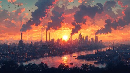 Bustling industrial revolution cityscape smoke rising from factory chimneys workers entering massive factories in the background