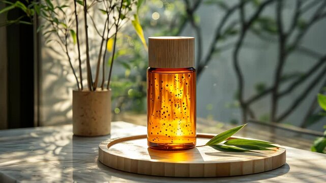 A cylindrical, small orange essential oil bottle with a single bamboo leaf.