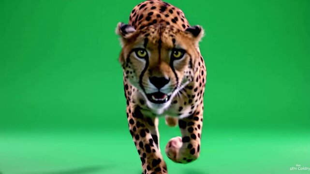 Cheetah walking towards camera, green screen studio
