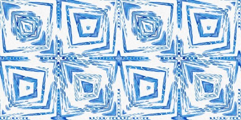 Geometric indigo shape seamless border. Irregular hand drawn batik texture for banner. Imperfect blue acid bleed swatch. 