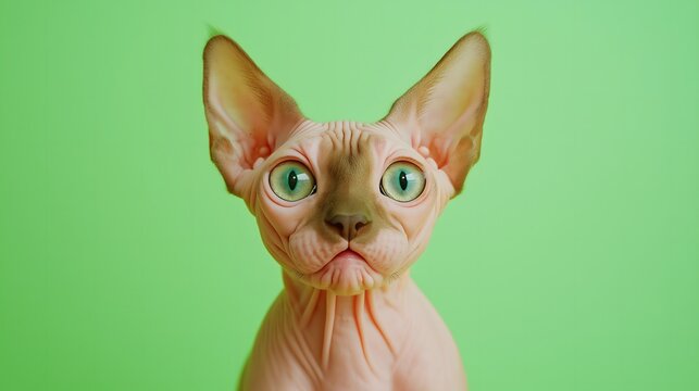 Unique hairless Sphynx cat with vibrant green background and expressive eyes staring directly at the viewer