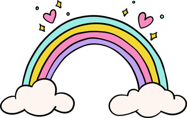 Playful illustration of a pastel rainbow arching between fluffy clouds, surrounded by pink hearts and sparkles
