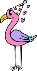 Playful illustration of a pink flamingo wearing a heart-patterned party hat, surrounded by pink hearts