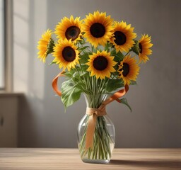 Colorful sunflowers standing upright in a glass vase with a natural fiber ribbon wrapped around the neck , flower arrangement ideas, bright flowers