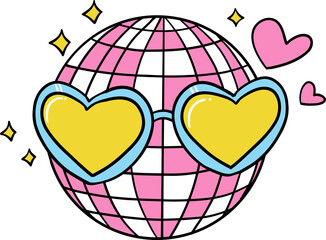 Bright and playful illustration of a pink disco ball wearing yellow heart-shaped sunglasses, surrounded by hearts and sparkles