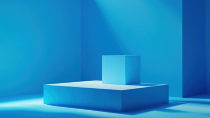Blue cube product display, studio lighting, minimalist background, advertising