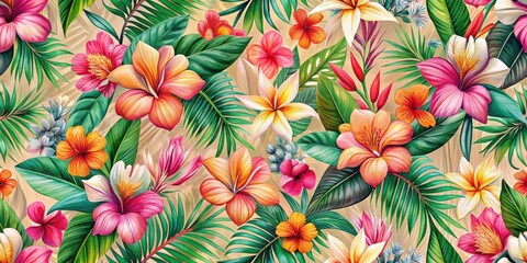 Colorful floral design with repeating seamless pattern of tropical flowers in shades of pink and orange, botanical print, island vibe