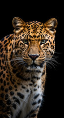 Obraz premium Leopard profile on dark background with fur detail suitable for wildlife publications, animal conservation projects, and naturerelated designs.