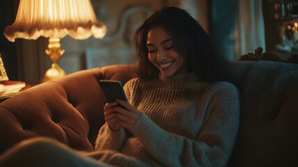 Fototapeta premium Smiling young woman enjoying her time on a smartphone while wearing a cozy knitted sweater during a warm evening at home