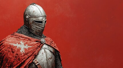 A knight in armor stands against a bold red background, showcasing a blend of history and artistry with a focus on protective gear and medieval themes.