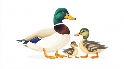 Obraz premium Wide Angle Centered Duck Family on White Background