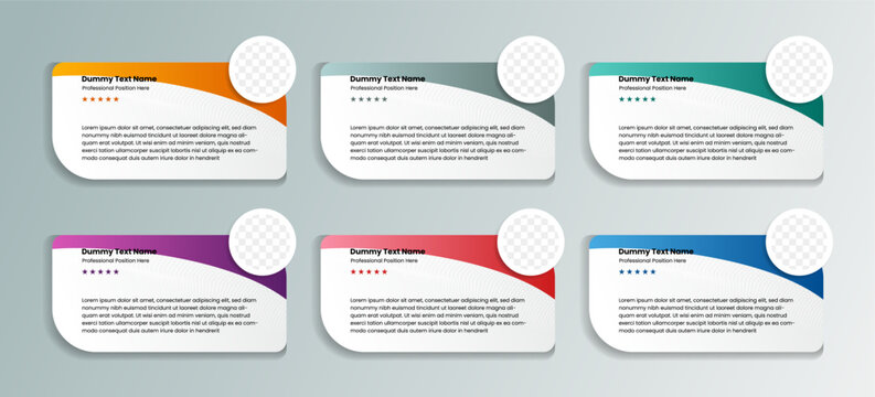 Customer review template. Testimonials, feedback with rating. Box with a text comment from the client and photo frame on circle space. Vector design suitable for websites and social networks.