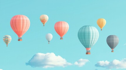 Naklejka premium Colorful hot air balloons float against a clear blue sky, creating a whimsical and serene atmosphere with fluffy clouds.