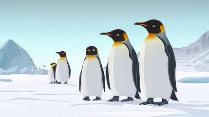 Obraz premium A group of animated penguins standing on an icy landscape, showcasing their distinctive black and white plumage against a serene background.