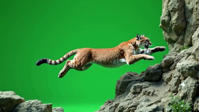Cougar leaping rocks, green screen studio