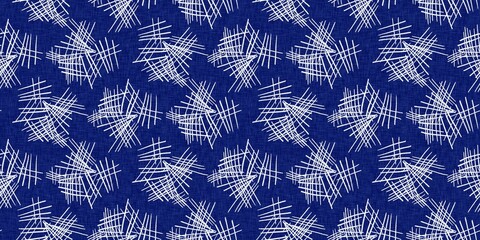 Japanese indigo geometric seamless border. Irregular washed batik hand drawn textile for blue white banner.
