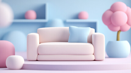Mock up of white sofa in minimal interior style. 3d render.cartoon styled.3d Illustration.
