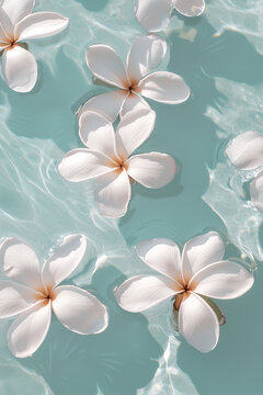 beautiful white frangipani flowers floating on the water in a pool