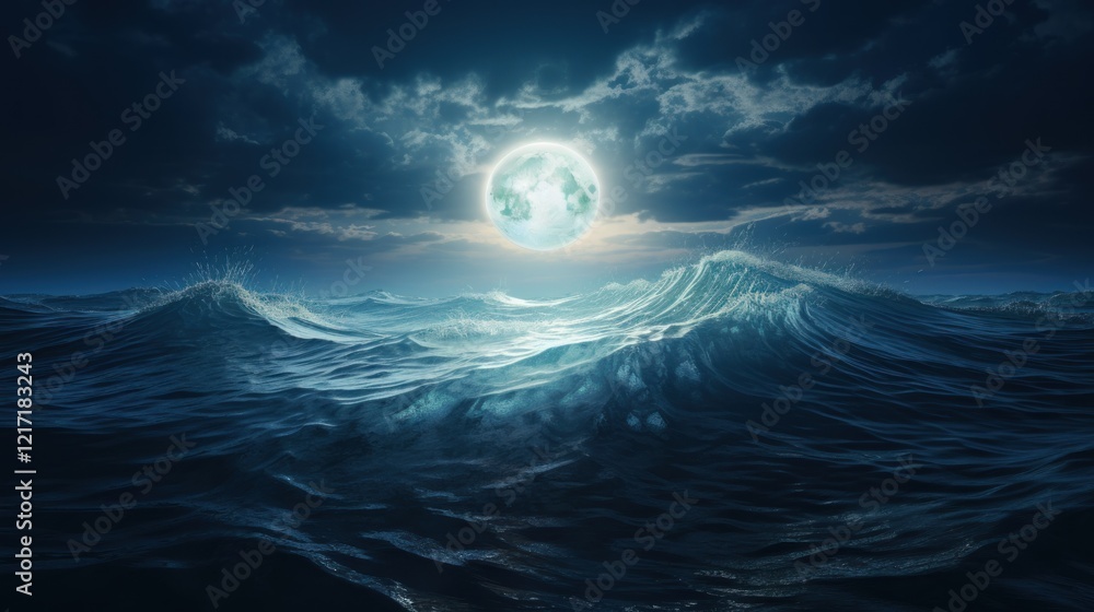 Aufkleber ocean waves under a full moon illuminated by soft moonlight with dark clouds in the background creat