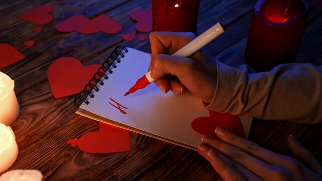 Close up of wooden table with lighted candles and red paper hearts scattered on the surface, woman hand writing text happy valentines day in spiral notebook.