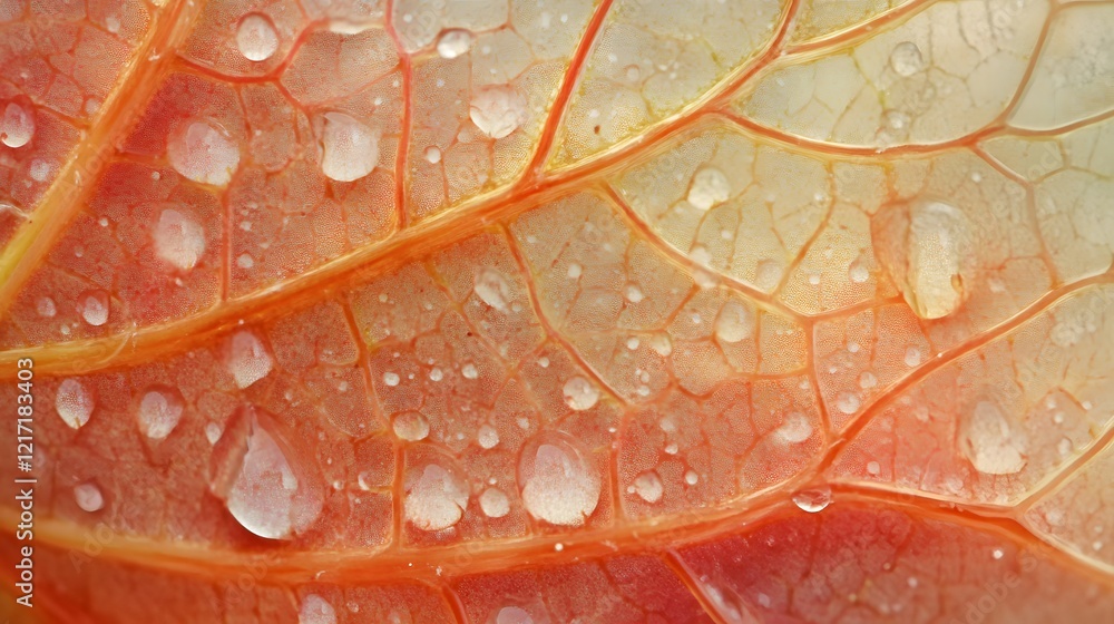 Poster close-up of a colorful leaf with raindrops, showcasing intricate veins and texture, illustrating the