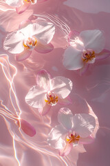 beautiful white orchid flowers floating on the water, pale pink color palette