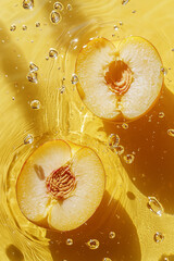 juicy sliced peaches floating on the water, yellow background