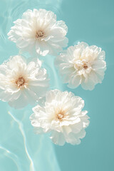 beautiful white peony flowers floating on the water in a pool