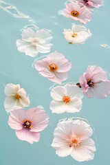 beautiful white tulip flowers floating on the water in a pool