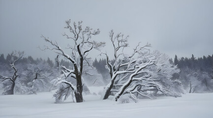 A serene winter landscape featuring snow-covered trees amidst a cloudy sky, creating a peaceful and tranquil atmosphere.