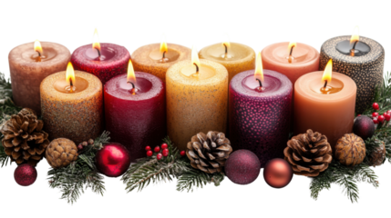 christmas still life with candles and decorations isolated on white background 