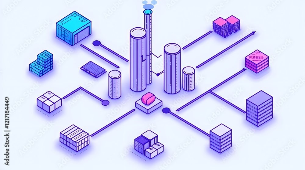 Poster infographic-style of supply chain processes with arrows and icons