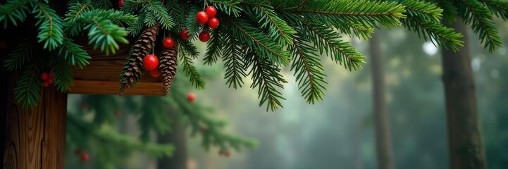 Obraz premium Evergreen branches with pinecones and red berries hang from a wooden beam, forest, holiday