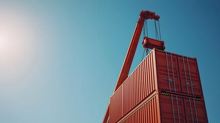 Dockside Crane Unloading Cargo Containers from Vessel Under Clear Skies