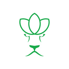 logo of a lion head with a lotus flower on top of its head in green. isolated on white background. can be used for spa, beauty logo