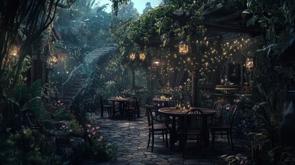 Enchanting jungle restaurant patio with tables, chairs, and fairy lights at night.