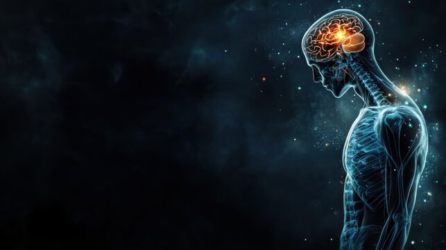 A conceptual image of a human body with highlighted internal organs and pulsating light effects, set against a dark background, Creative style