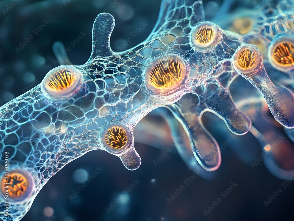 Poster intricate close-up of cellular structures illustrating microscopic life forms with vibrant colors an