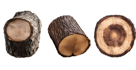  Three different wooden tree trunks isolated on a transparent background, PNG